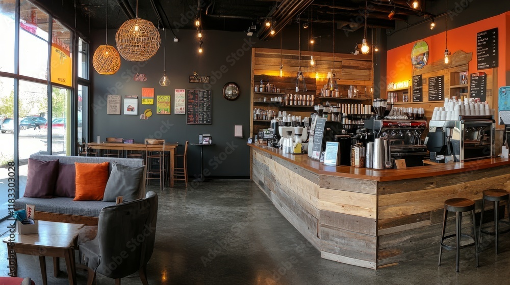 A vibrant coffee shop with a wooden and gray color scheme, comfortable seating, and a lively atmosphere, perfect for catching up with friends A vibrant coffee shop with a wooden and gray color scheme, comfortable seating, and a lively atmosphere, perfect for catching up with friends