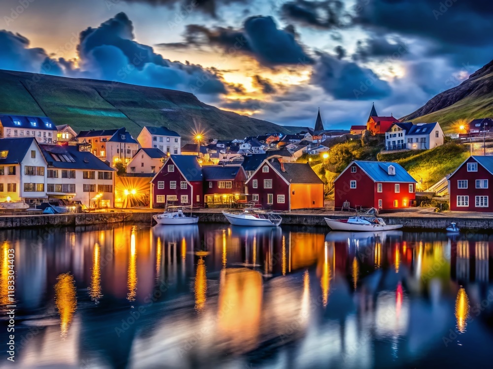 Fototapeta premium Night Photography: Tinganes, Faroe Islands Government Buildings