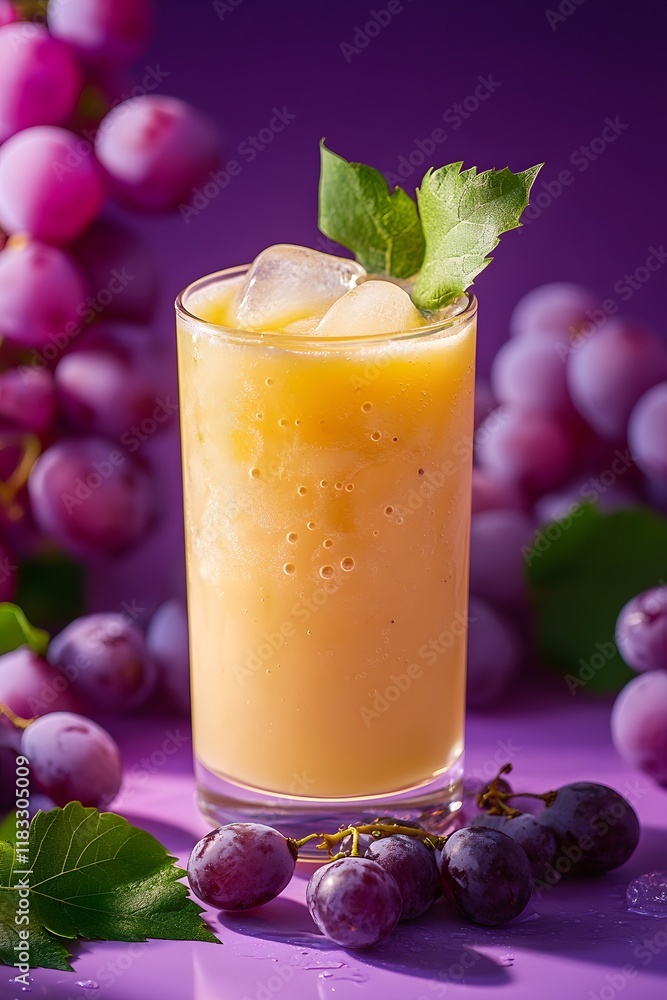 Refreshing Smoothie Drink Surrounded by Grapes on Vibrant Purple Background Refreshing Smoothie Drink Surrounded by Grapes on Vibrant Purple Background