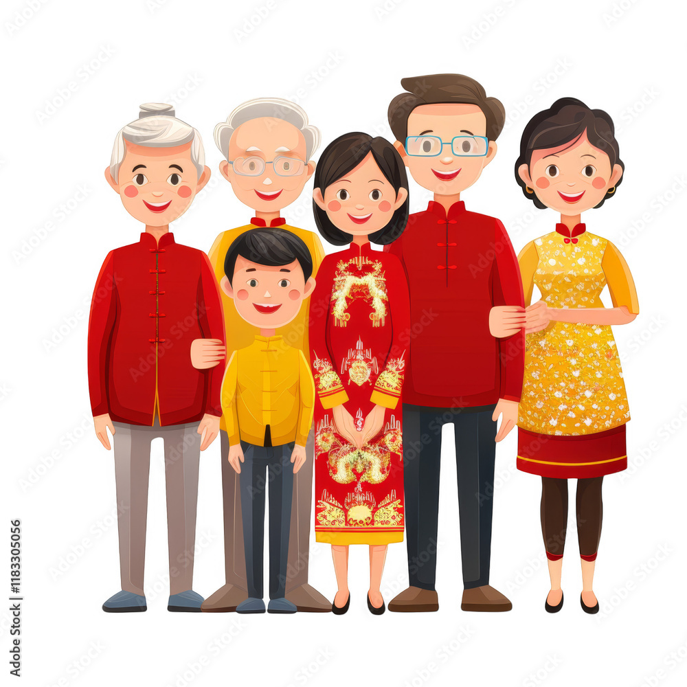 A happy multi-generational Chinese family in traditional clothing. A happy multi-generational Chinese family in traditional clothing.