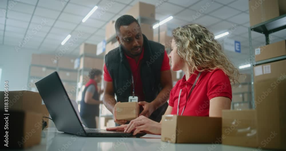 Team of multiethnic warehouse associates or inventory managers scan cardboard box, prepare parcel for shipping, check information on laptop, work in post office. Logistics center or delivery service. Team of multiethnic warehouse associates or inventory managers scan cardboard box, prepare parcel for shipping, check information on laptop, work in post office. Logistics center or delivery service.