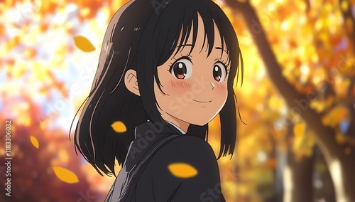 Close-up of an anime girl with shoulder-length hair, looking back over her right shoulder and smiling softly, wearing a school uniform in a dark grey color, with yellow leaves floating photo