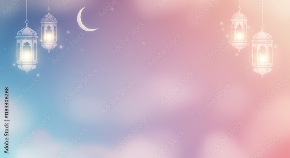 Fototapeta premium Ramadan Lanterns and Crescent Moon Night Sky Digital Art Festive Atmosphere Serene View Spiritual Concept