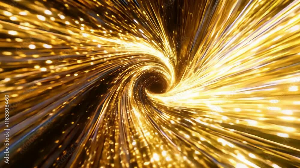 Abstract tunnel of a golden lights background. Bright rays of neon light and colorful glowing lines moving speed through the dark. 3d render