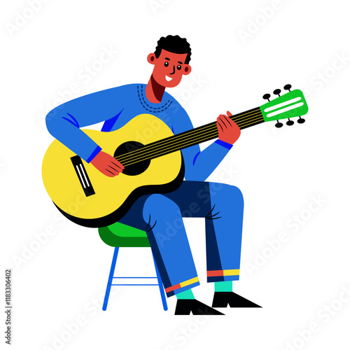 Flat character illustration of a guitar player