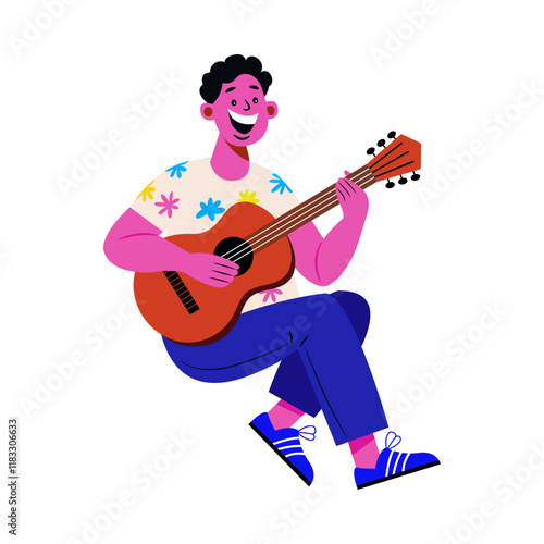 A flat illustration of happy guitar performer