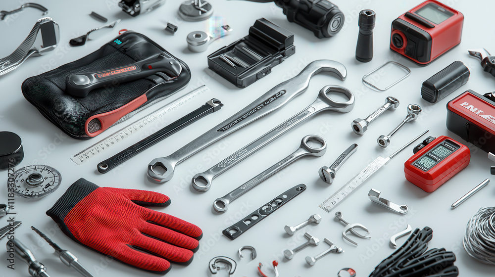 Fototapeta premium detailed image of mechanics toolset including wrenches, pliers, and accessories, showcasing precision and organization