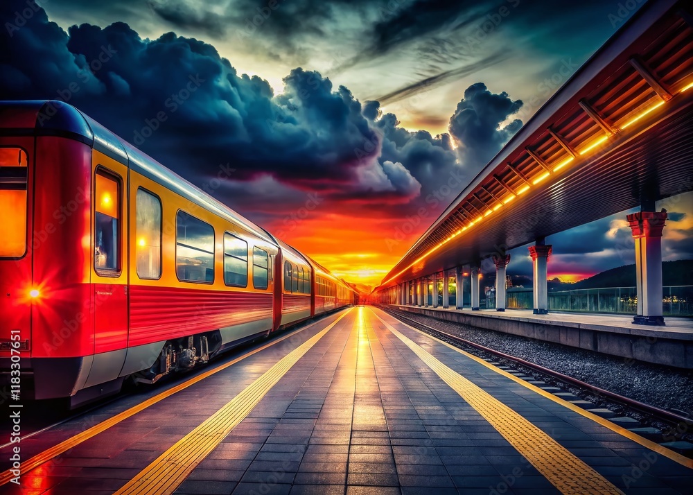 Fototapeta premium Night Train Arrival: Dramatic Red and Yellow Lights on Railway Tracks