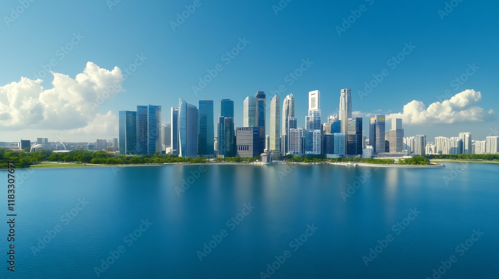 Fototapeta premium Stunning Wide Shot Photo: Vibrant City Skyline Gleaming Under a Sunny Day. AI Generated
