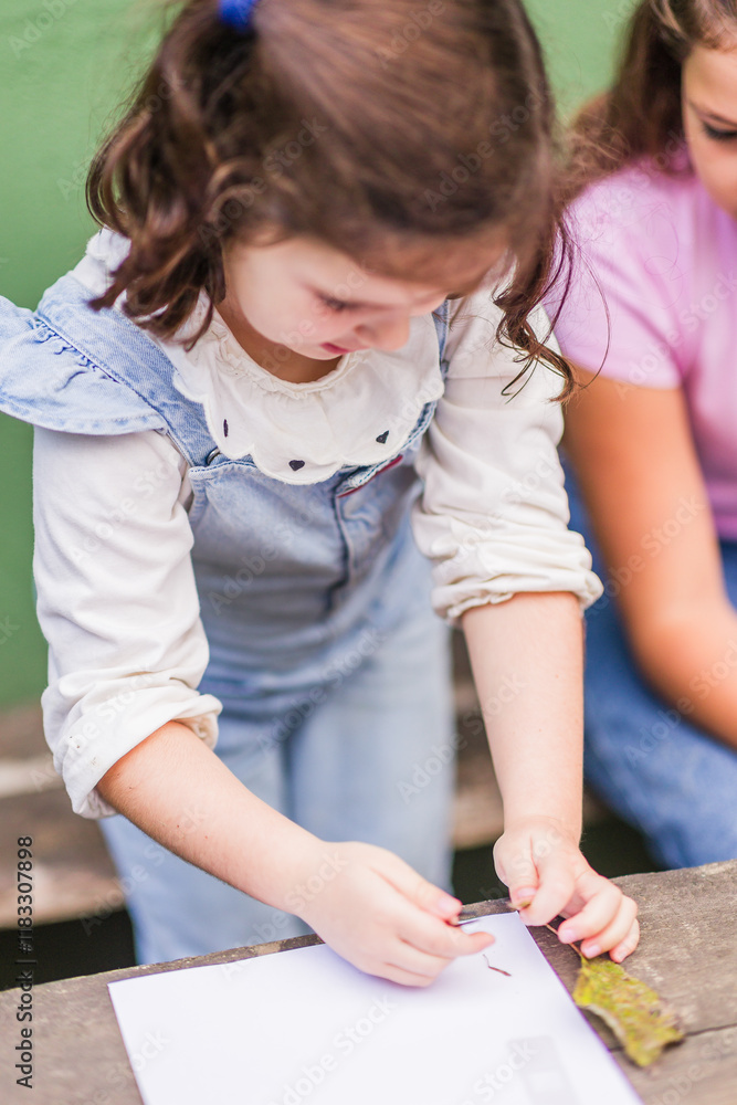 Girl examining leaf during environmental education lesson in quiros, spain Girl examining leaf during environmental education lesson in quiros, spain