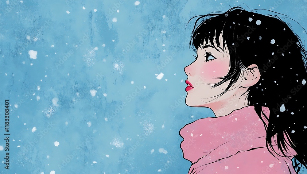 Close-up, side-profile portrait of an anime girl with black hair and a pink scarf, watching snow fall in the distance against a blue background. Close-up, side-profile portrait of an anime girl with black hair and a pink scarf, watching snow fall in the distance against a blue background.