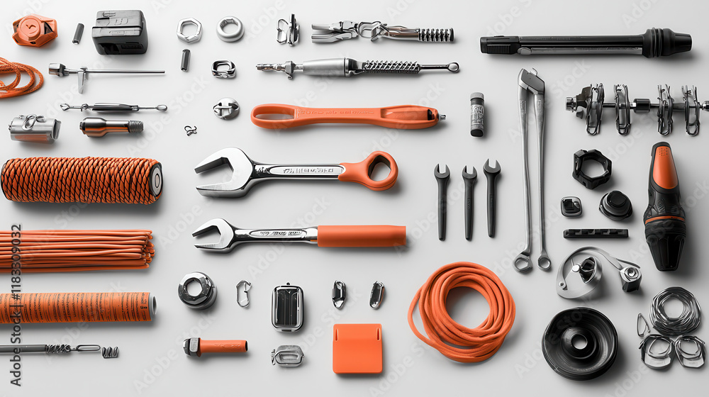 Fototapeta premium Mechanics tool collection featuring wrenches, cables, and accessories. Organized layout showcases various tools vibrant orange and silver tones