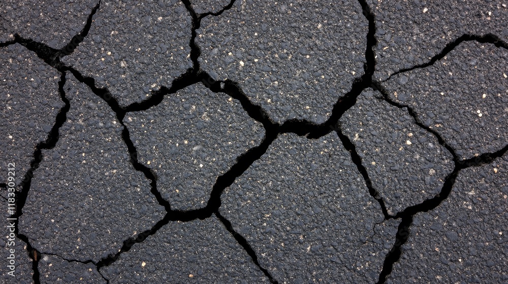 Obraz premium Cracked asphalt surface revealing a textured, weathered road.