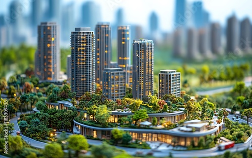 Miniature urban cityscape with modern tall buildings, sprawling green spaces, rooftop gardens, lush parks, clean and contemporary design photo