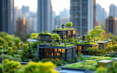 Miniature urban cityscape with modern tall buildings, sprawling green spaces, rooftop gardens, lush parks, clean and contemporary design photo