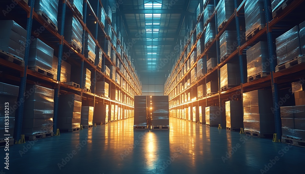 Modern warehouse with robotic conveyors, automated storage systems, streamlined logistics, advanced robotics, futuristic inventory management, techdriven workflow Modern warehouse with robotic conveyors, automated storage systems, streamlined logistics, advanced robotics, futuristic inventory management, techdriven workflow