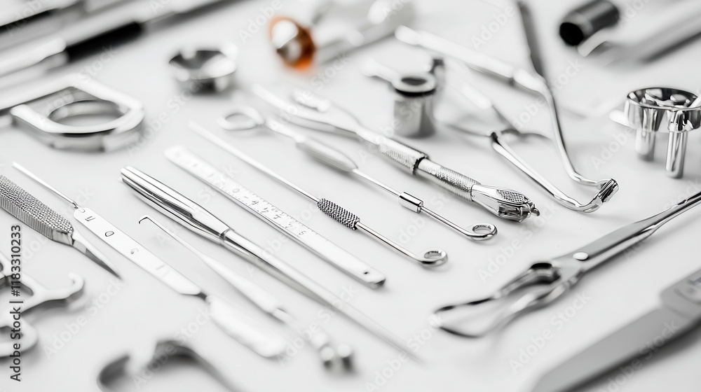 set of sterile surgical tools including clamps, scissors, and forceps, arranged neatly for medical procedures set of sterile surgical tools including clamps, scissors, and forceps, arranged neatly for medical procedures