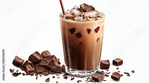 Iced chocolate drink with chocolate pieces and ice. photo