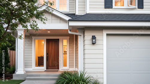 Exterior view of a two-story house with beige siding, a dark gray roof, white columns, a wood front door, and a light gray garage door.  Landscaping is visible in the foreground.