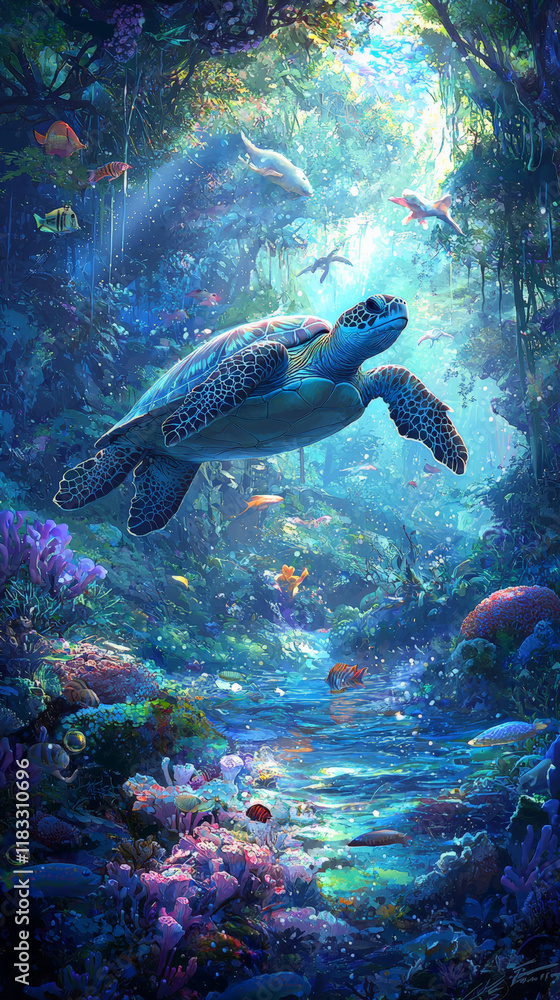 Fototapeta premium serene sea turtle glides through vibrant coral reef, illuminated by sunlight