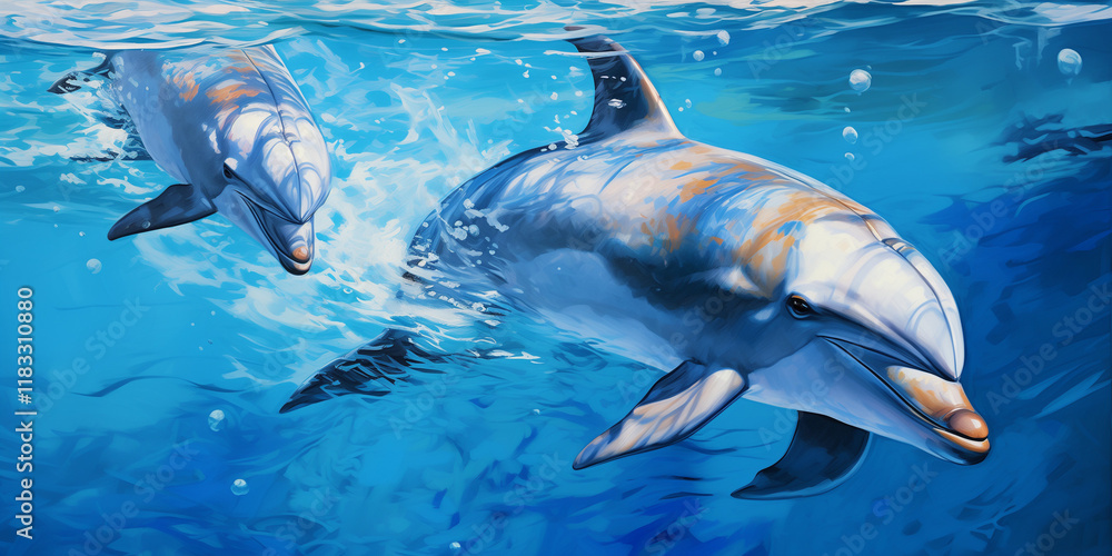Obraz premium Two dolphins swim just beneath the surface of clear blue water, with sunlight dappling their backs.