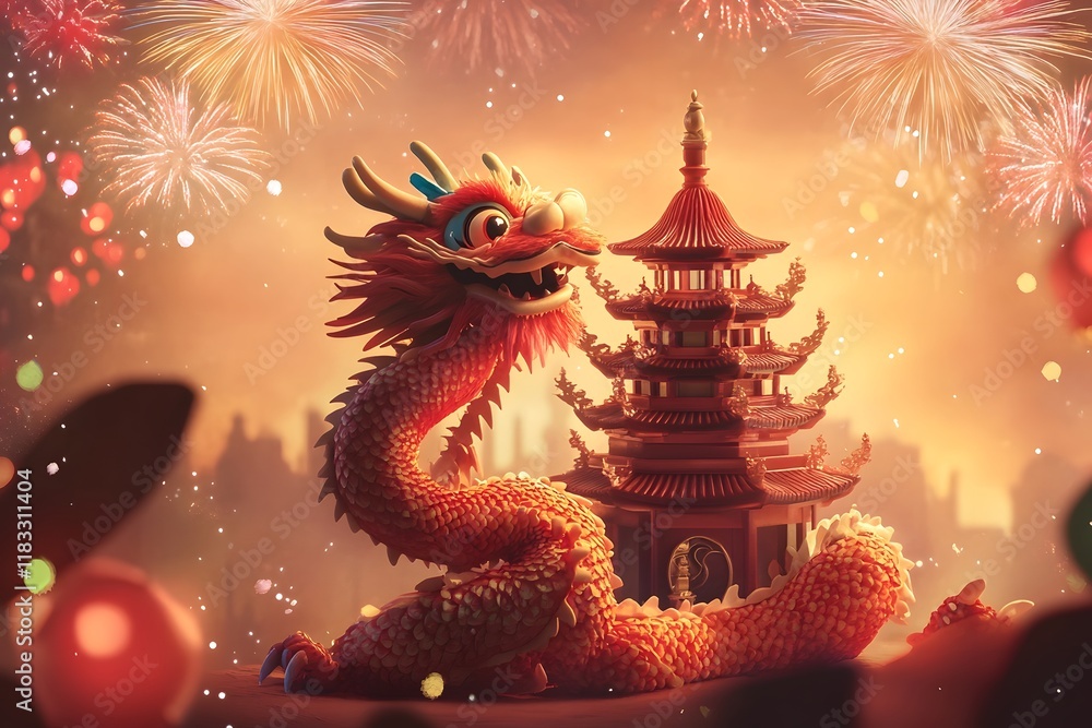 Fototapeta premium Whimsical Chinese Dragon Curling Around Pagoda with Fireworks