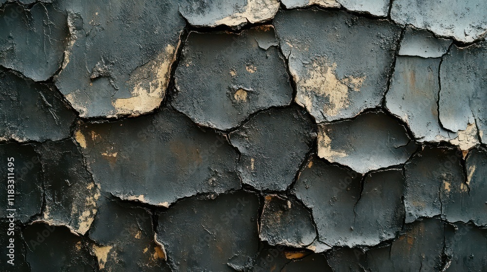 The image displays a textured surface with dark, peeling paint, revealing cracks and patches, showcasing a weathered and aged appearance. The image displays a textured surface with dark, peeling paint, revealing cracks and patches, showcasing a weathered and aged appearance.