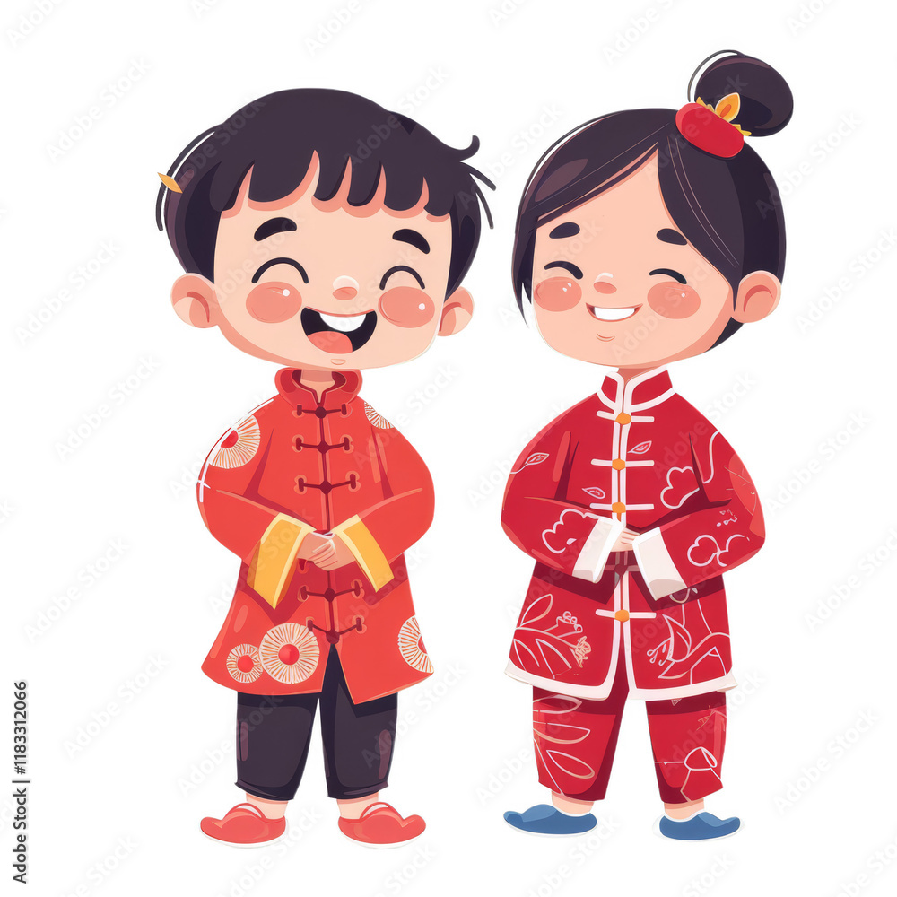 Two smiling children in traditional Chinese clothing. Two smiling children in traditional Chinese clothing.