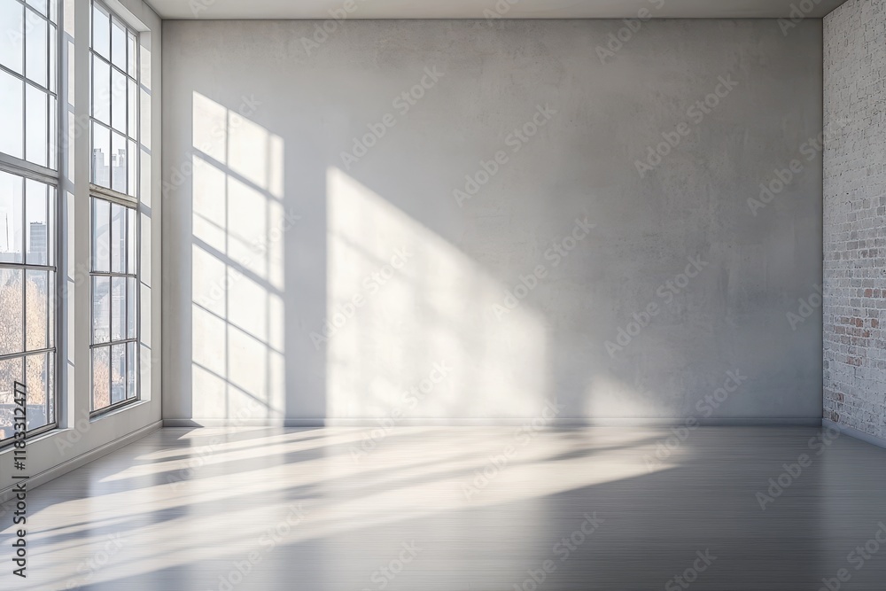 Sunny loft room, empty wall, city view, design mockup Sunny loft room, empty wall, city view, design mockup