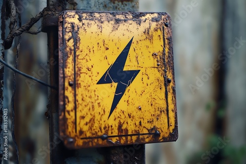 Electricity sign on the old rusty metal fence. Selective focus.