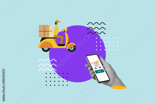 Hand holding a smartphone with purchasing products and waiting for the motorcycle driver to deliver, Fast delivery concept, Contemporary art collage photo