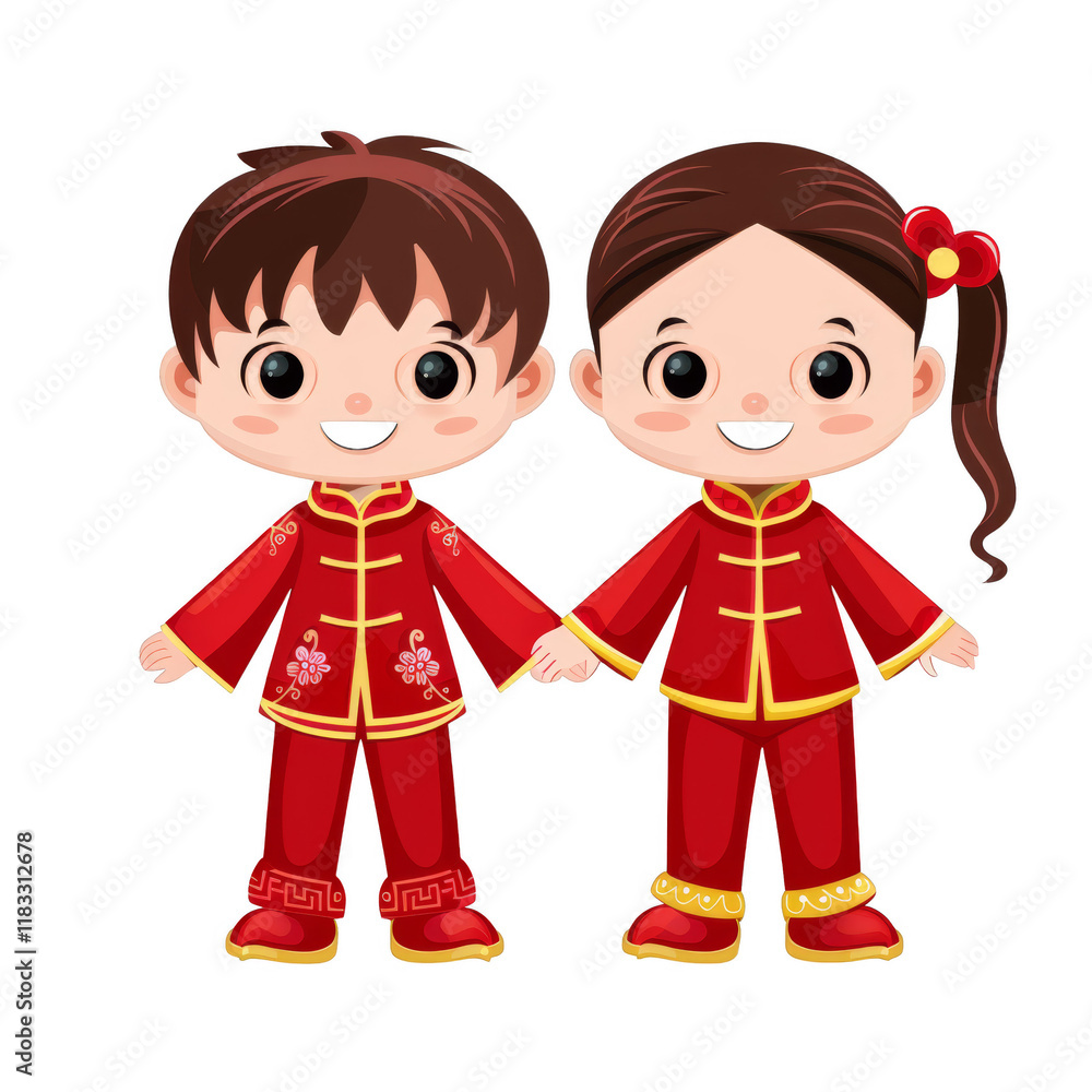 Smiling boy and girl in traditional Chinese red clothing. Smiling boy and girl in traditional Chinese red clothing.