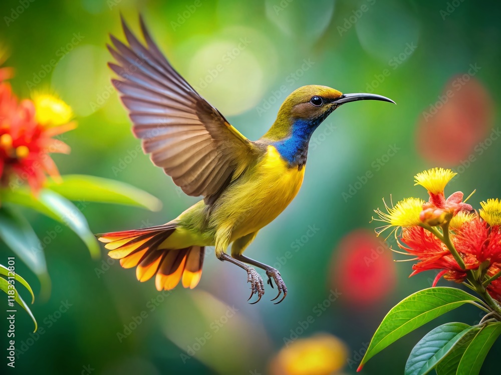 Fototapeta premium Olive-backed Sunbird Double Exposure: Vibrant Asian Bird in Flight with Tropical Flowers