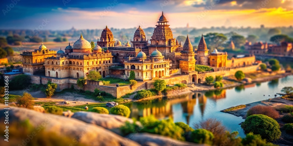 Fototapeta premium Orchha, India: Tilt-Shift Miniature World of Ancient Temples and Palaces