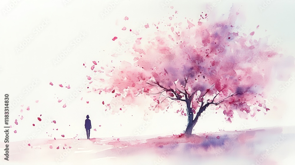 Obraz premium Watercolor Cherry blossom blooming flower,Sakura tree or forest side view,Cherry tree spring flower background,elements for environment and garden,botanical in spring season.