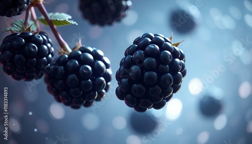 Mystical Blackberry Illustration: A Close-Up of Juicy, Dark Berries on a Branch Against a Blue Bokeh Background. This digital illustration captures the rich color and texture of ripe blackberries, hig photo