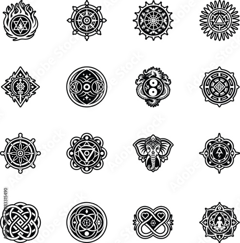 Set of Buddhist Soul Symbols Glyph Style Icons

