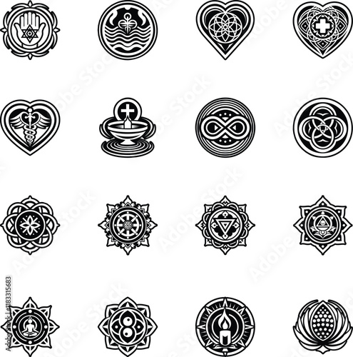 Set of Buddhist Soul Symbols Glyph Style Icons
