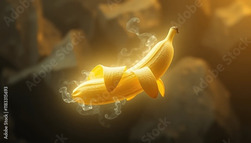 Mystical Glowing Banana Illustration: A Surreal Digital Painting of a Golden Banana with Steam, Representing Energy and Vitality photo