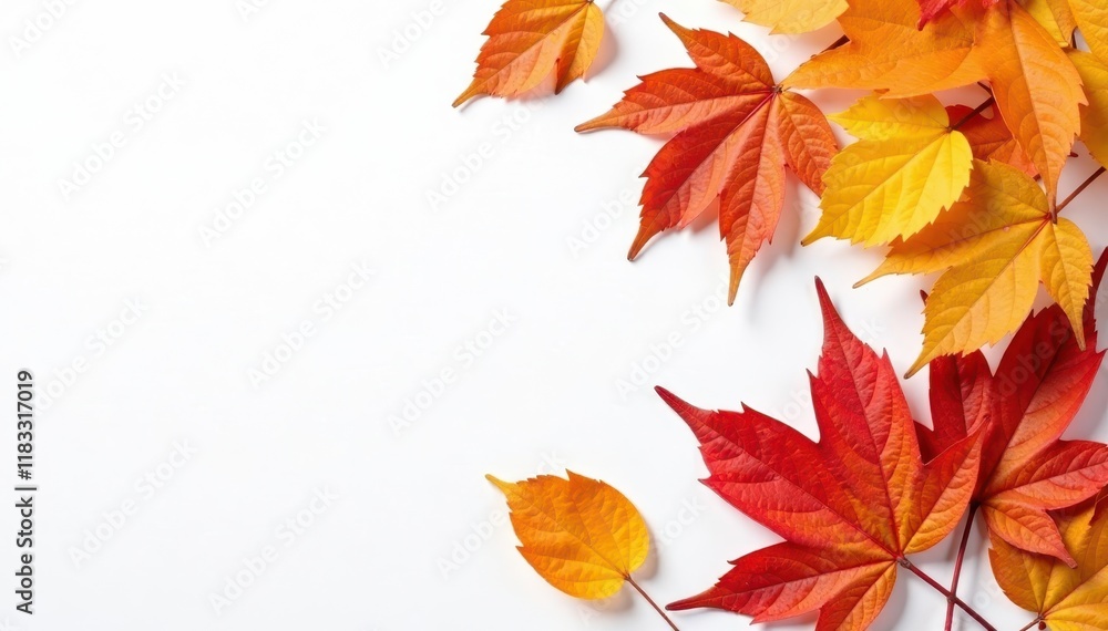 Fototapeta premium Vibrant autumn leaves against a clean white canvas, warm, white, autumn