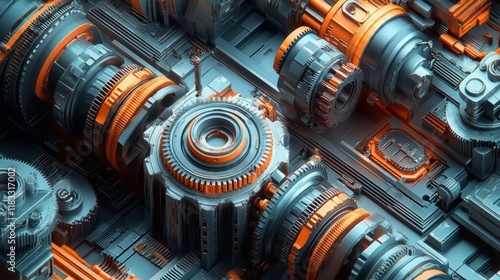 Mechanical engineering concept, gears and tools in 3D isometric projection vector illustration, cogwheels and cogs system technology and technics work in progress.