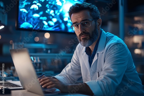 Animal Environmental ScienceTechnology concept. A focused scientist in a lab coat works intently on a laptop, illuminated by a blue light, with a digital display of aquatic life in the background. photo