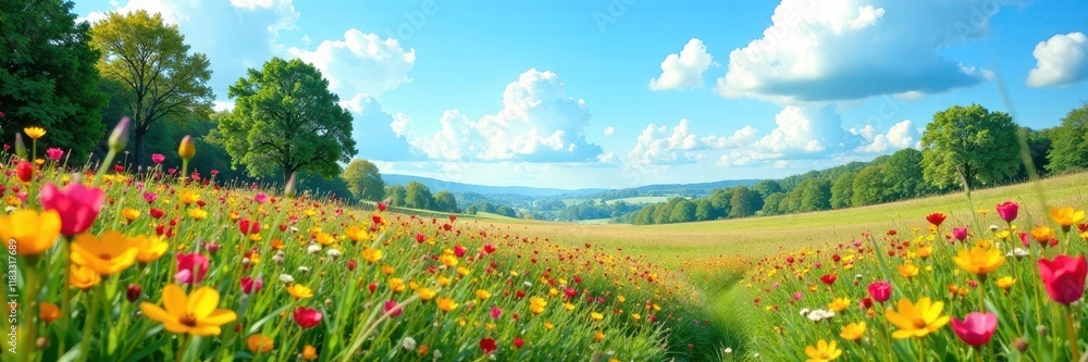 Vibrant colors of wildflowers and trees against a clear blue sky, nature, landscape, flowers