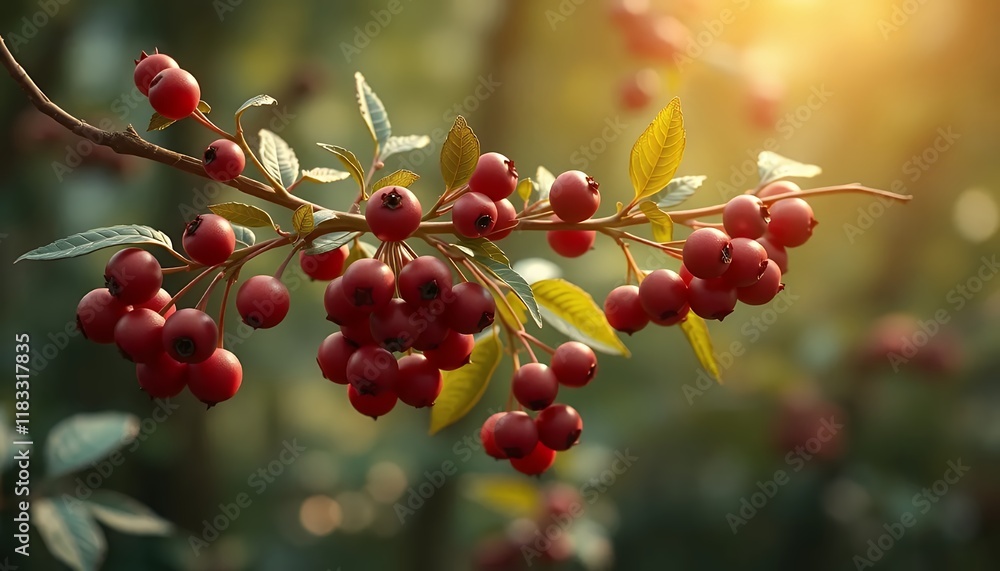 Mystical Illustration of Red Berries on Branch in Golden Sunlight: Autumn Harvest, Nature's Bounty, Vibrant Colors, Close-up View of Ripe Fruit, Perfect for Autumnal Designs, Seasonal Decorations, and