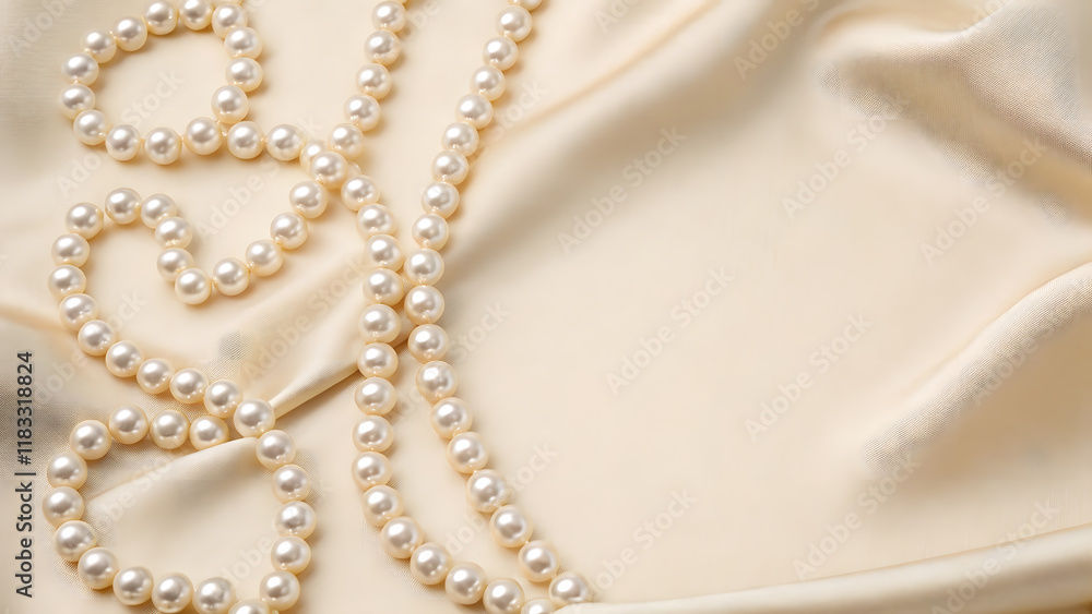 Fototapeta premium Elegant pearls on soft beige fabric background.