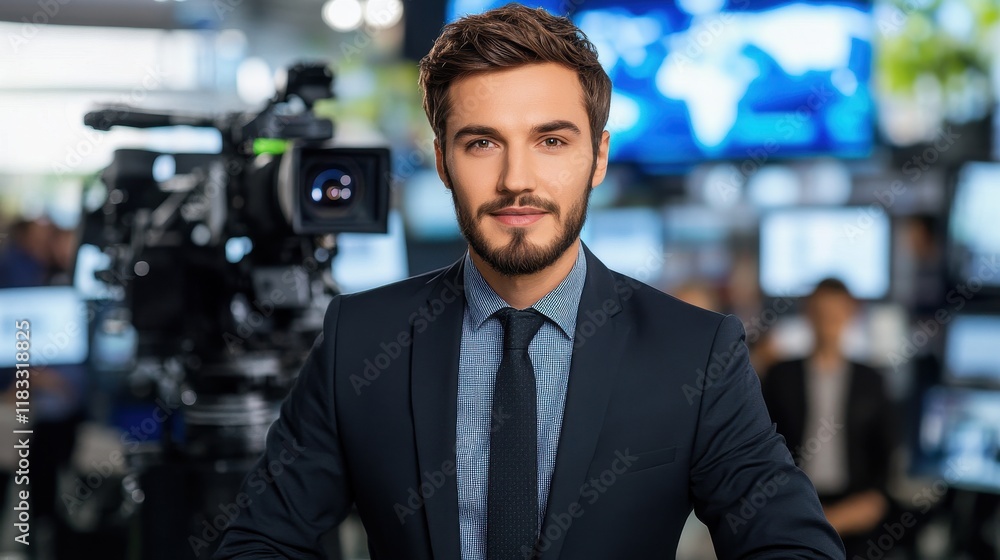 Professional Male News Anchor in Broadcast Studio Professional Male News Anchor in Broadcast Studio