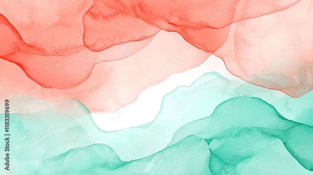 Fototapeta Watercolor abstract background concept. Abstract colorful wave patterns in soft hues of red and teal with a light background.