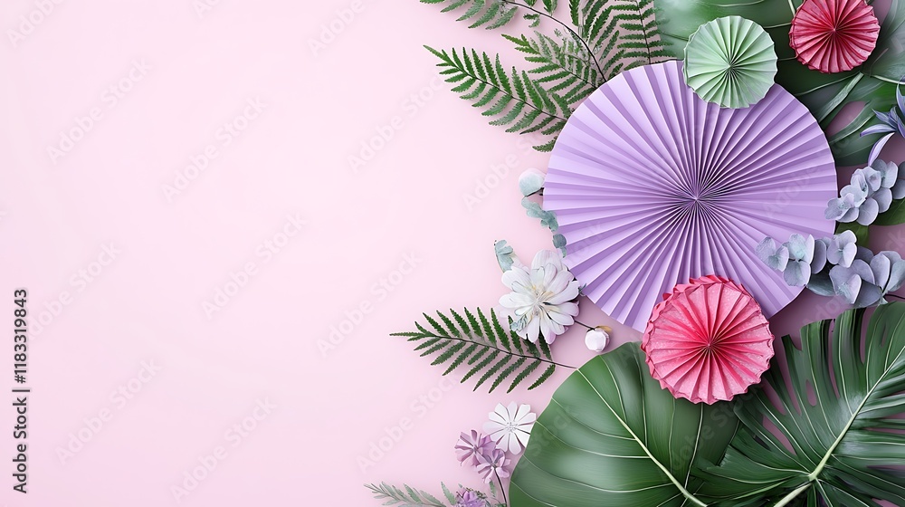 Obraz premium Pastel Paper Fans and Tropical Leaves on Pink Background