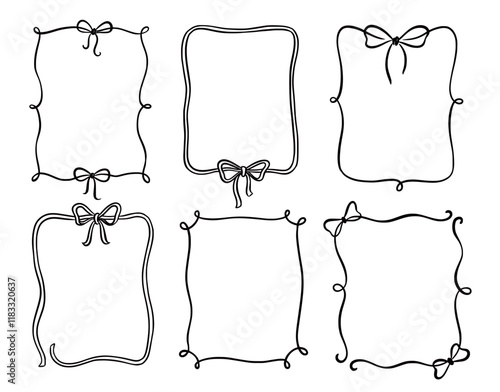Bow frame ribbon border vintage hand drawn set. Hand drawn doodle sketch style line bow frame decorative black vintage ornament. Elegant doodle holiday, wedding ribbon border. Vector illustration
