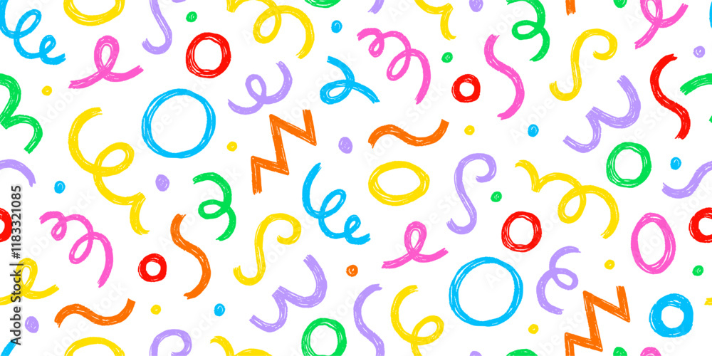 Kid seamless pattern child fun shape squiggle confetti background. Hand drawn color crayon background fun child squiggle shape. Crayon color confetti abstract seamless pattern vector illustration